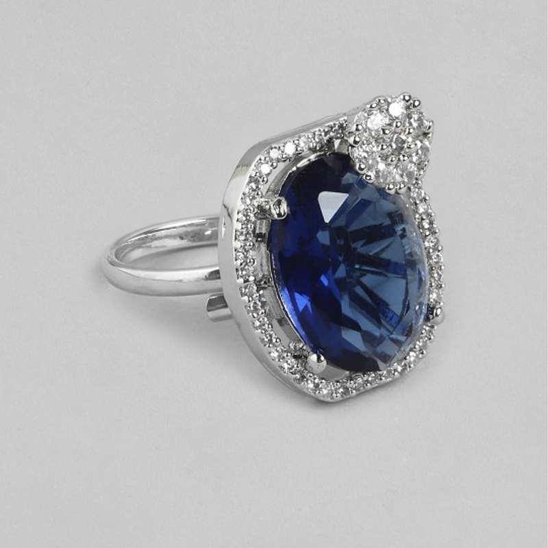 Silver-Plated AD-Studded Adjustable Finger Ring