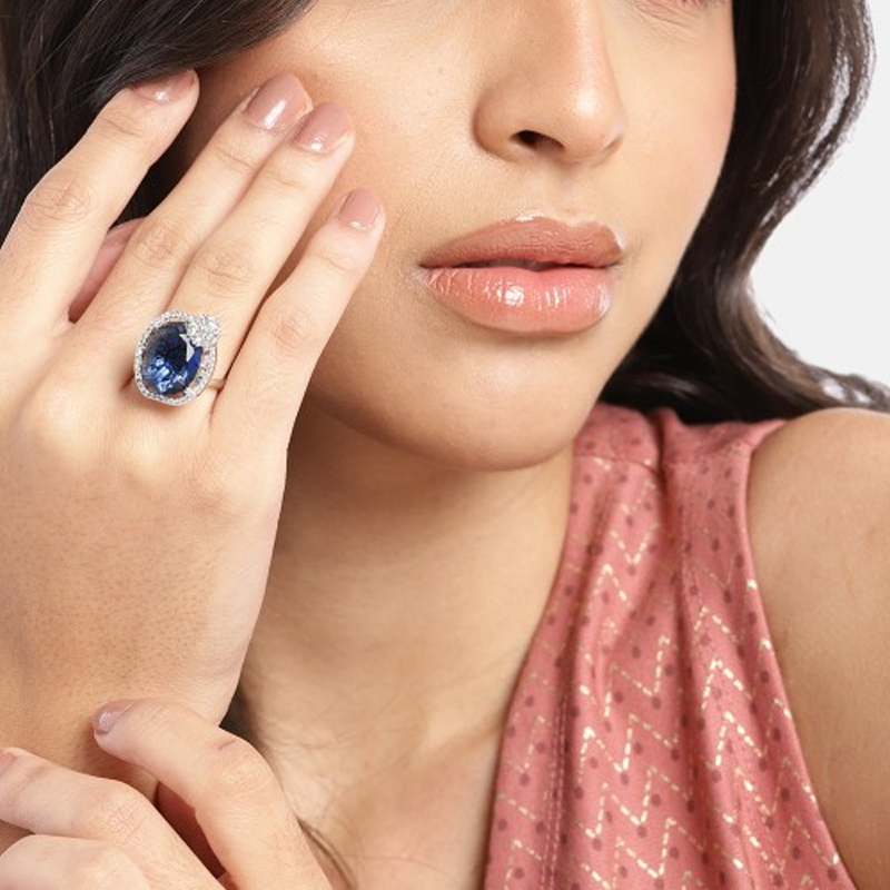 Silver-Plated AD-Studded Adjustable Finger Ring