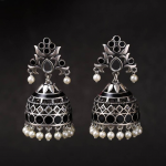 Silver-Plated Oxidized Geometric Jhumkas Earrings