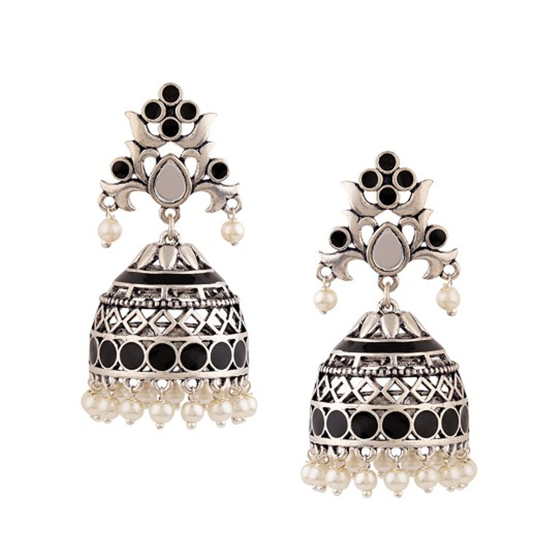 Silver-Plated Oxidized Geometric Jhumkas Earrings